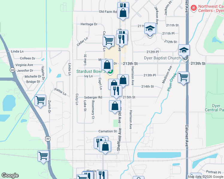 map of restaurants, bars, coffee shops, grocery stores, and more near 1438 Rokosz Lane in Dyer