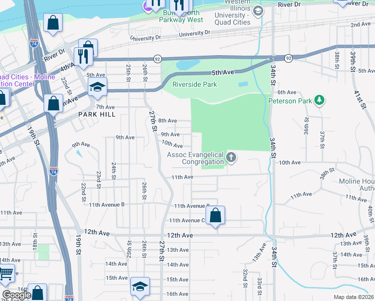 map of restaurants, bars, coffee shops, grocery stores, and more near 1025 29th Street in Moline