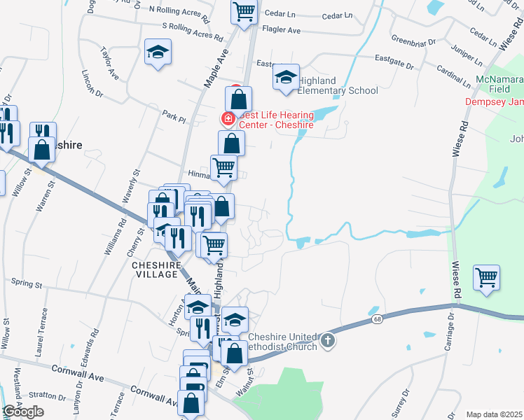 map of restaurants, bars, coffee shops, grocery stores, and more near 373 East Mitchell Avenue in Cheshire