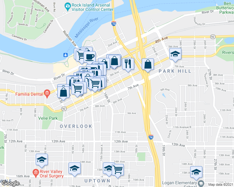 map of restaurants, bars, coffee shops, grocery stores, and more near 1700 7th Avenue in Moline
