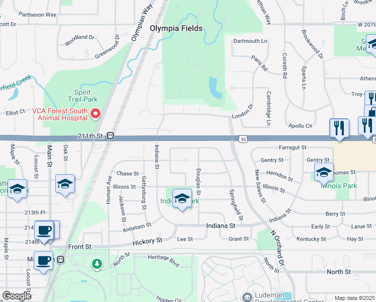 map of restaurants, bars, coffee shops, grocery stores, and more near 454 Springfield Street in Park Forest