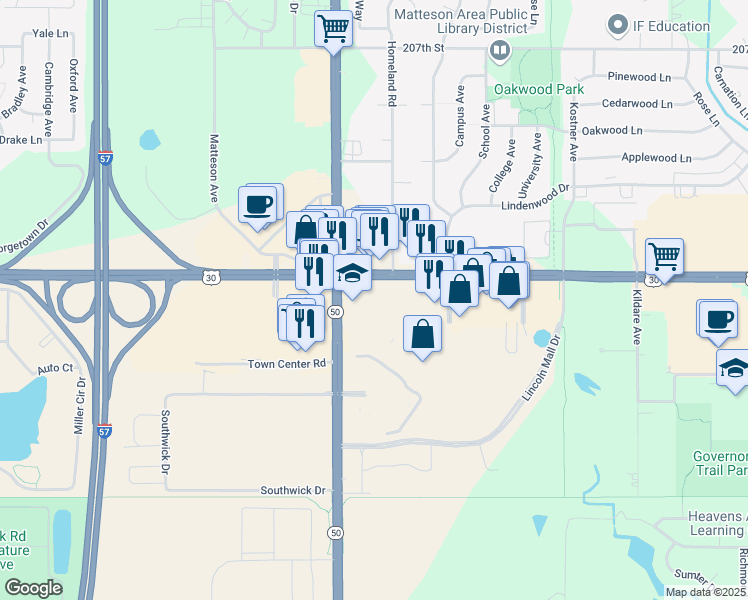 map of restaurants, bars, coffee shops, grocery stores, and more near 4749 Lincoln Mall Drive in Matteson