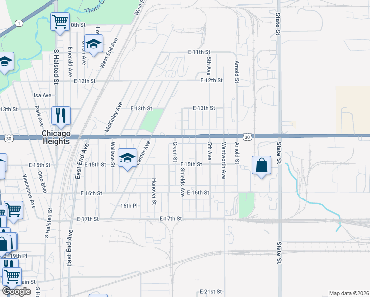 map of restaurants, bars, coffee shops, grocery stores, and more near 1419 Shields Avenue in Chicago Heights