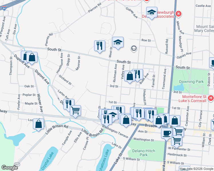 map of restaurants, bars, coffee shops, grocery stores, and more near 502 3rd Street in Newburgh