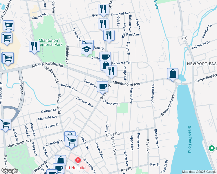 map of restaurants, bars, coffee shops, grocery stores, and more near 525 Broadway in Newport