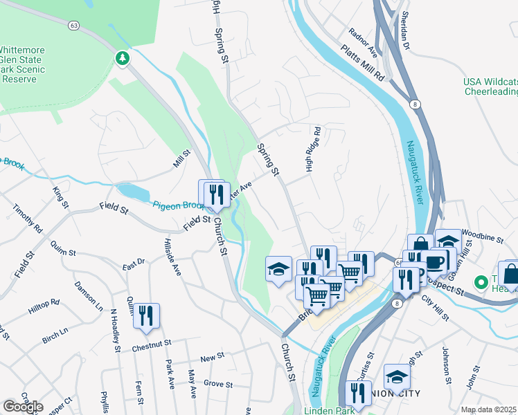 map of restaurants, bars, coffee shops, grocery stores, and more near 206 Spring Street in Naugatuck