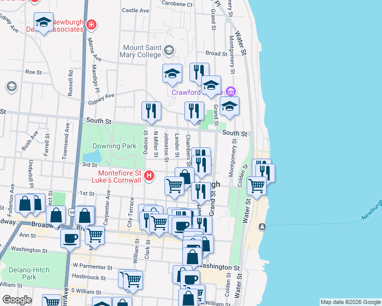 map of restaurants, bars, coffee shops, grocery stores, and more near 123 Chambers Street in Newburgh