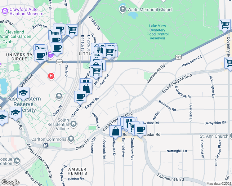 map of restaurants, bars, coffee shops, grocery stores, and more near 2348 Overlook Road in Cleveland Heights