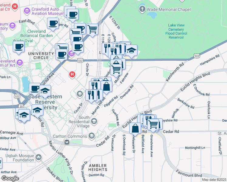 map of restaurants, bars, coffee shops, grocery stores, and more near 2327 Edgehill Road in Cleveland