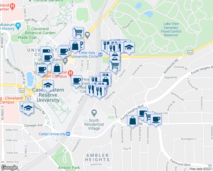 map of restaurants, bars, coffee shops, grocery stores, and more near 2154 Murray Hill Road in Cleveland
