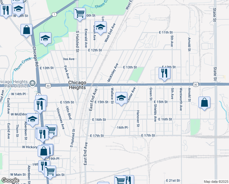 map of restaurants, bars, coffee shops, grocery stores, and more near 1424 Parnell Avenue in Chicago Heights