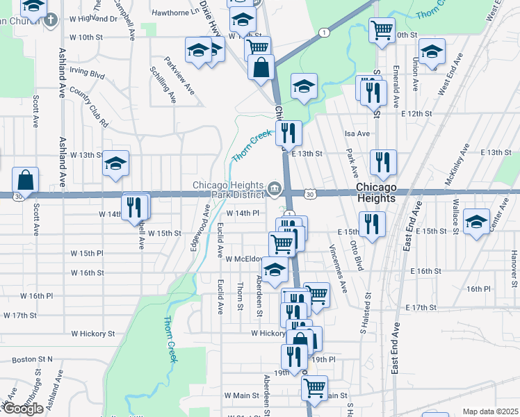 map of restaurants, bars, coffee shops, grocery stores, and more near 54 West 14th Place in Chicago Heights