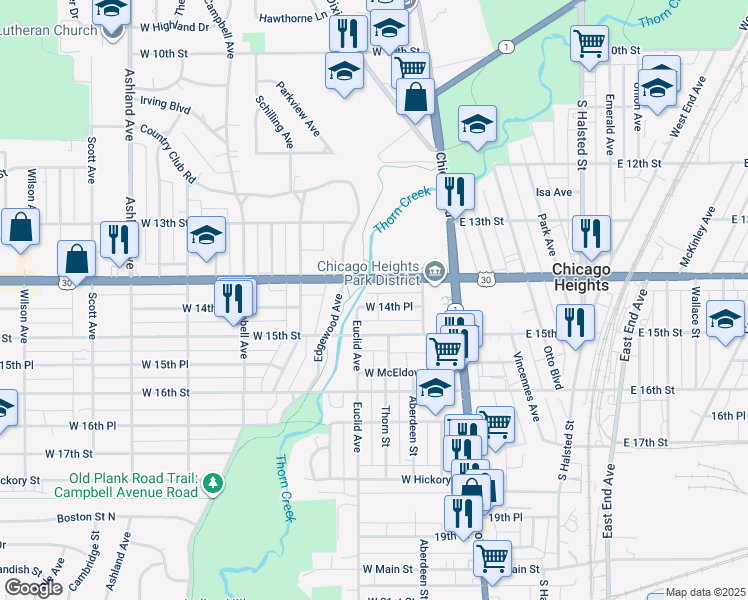 map of restaurants, bars, coffee shops, grocery stores, and more near 1425 Euclid Avenue in Chicago Heights