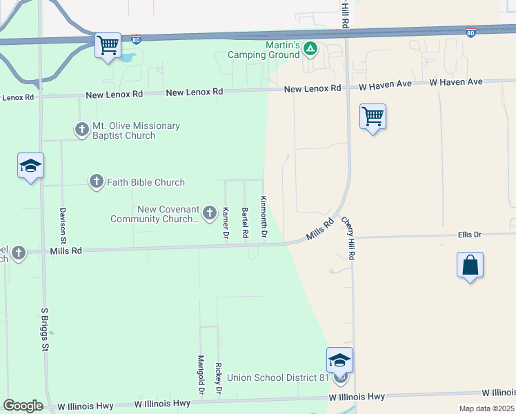 map of restaurants, bars, coffee shops, grocery stores, and more near 1103 Kinmonth Drive in Joliet