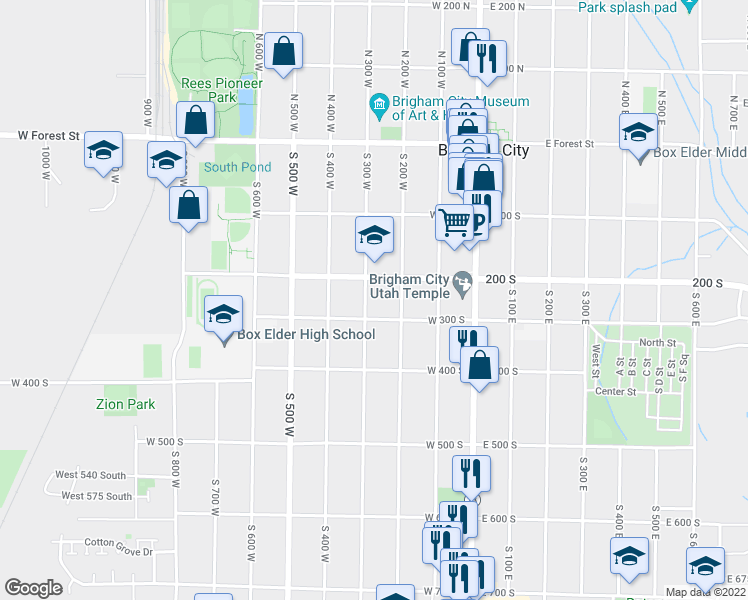 map of restaurants, bars, coffee shops, grocery stores, and more near 222 West 300 South in Brigham City
