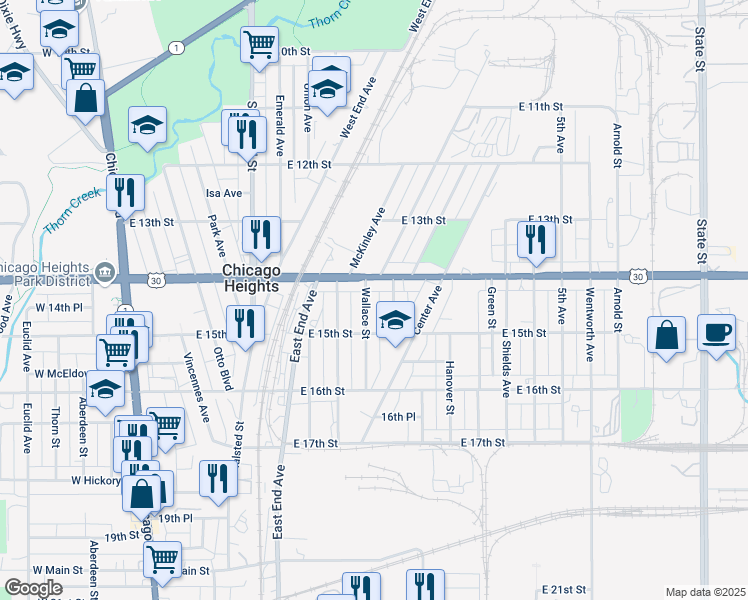 map of restaurants, bars, coffee shops, grocery stores, and more near 1424 Parnell Avenue in Chicago Heights