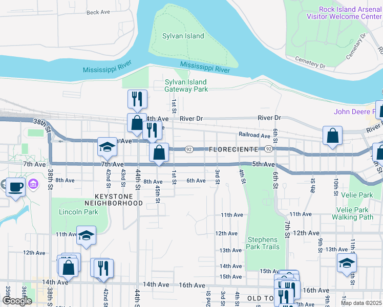 map of restaurants, bars, coffee shops, grocery stores, and more near 138 4th Avenue in Moline