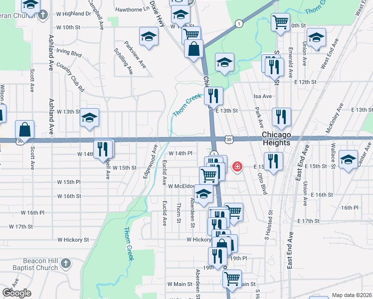 map of restaurants, bars, coffee shops, grocery stores, and more near 54 West 14th Place in Chicago Heights