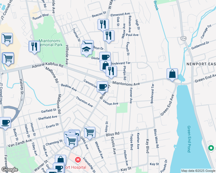 map of restaurants, bars, coffee shops, grocery stores, and more near 526 Broadway in Newport