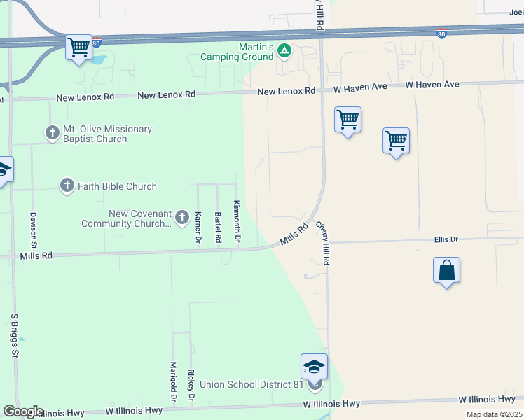 map of restaurants, bars, coffee shops, grocery stores, and more near 1100 Spring Green Drive in Joliet