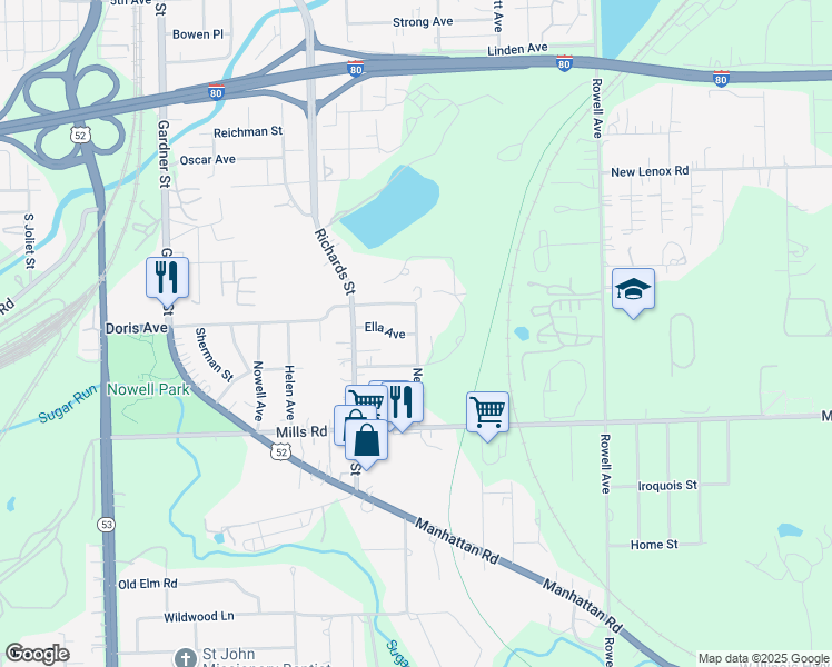 map of restaurants, bars, coffee shops, grocery stores, and more near 501 Ella Avenue in Joliet