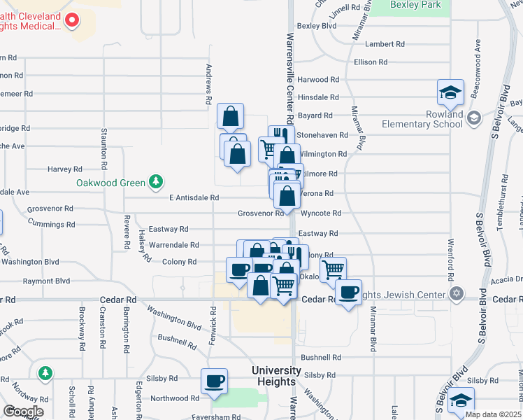 map of restaurants, bars, coffee shops, grocery stores, and more near 3937 Grosvenor Road in South Euclid