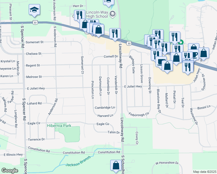 map of restaurants, bars, coffee shops, grocery stores, and more near 699 Columbia Drive in New Lenox