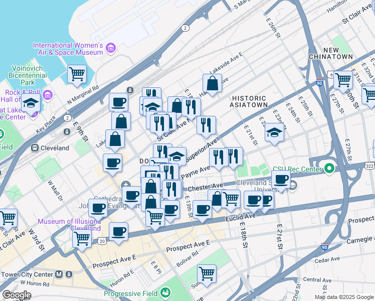 map of restaurants, bars, coffee shops, grocery stores, and more near 1415 Superior Avenue in Cleveland