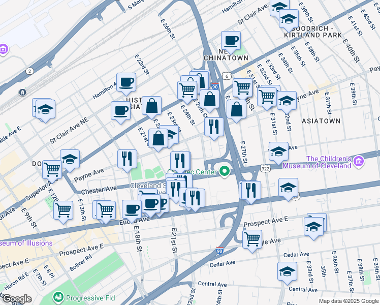 map of restaurants, bars, coffee shops, grocery stores, and more near 2543 East 23rd Street in Cleveland