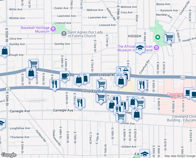 map of restaurants, bars, coffee shops, grocery stores, and more near 1944 East 75th Street in Cleveland