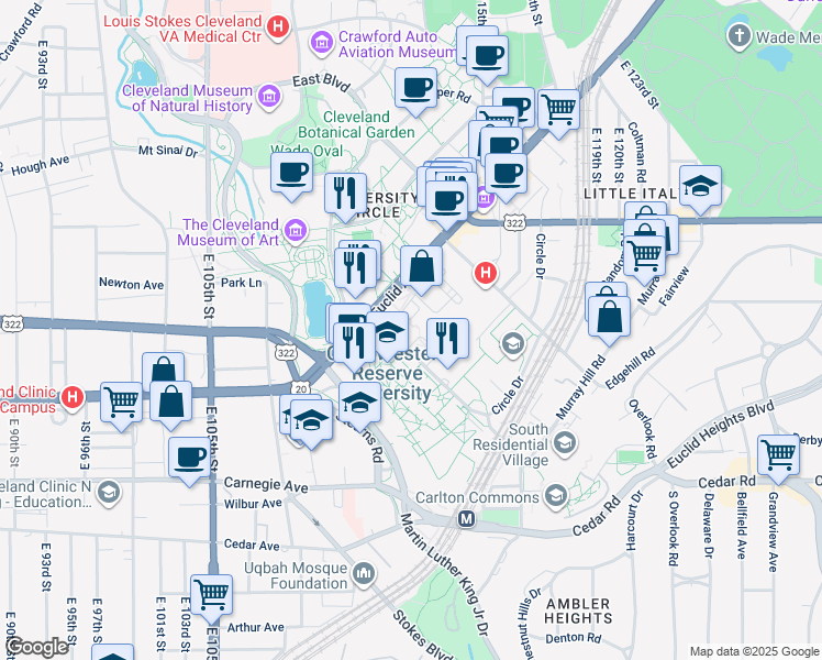 map of restaurants, bars, coffee shops, grocery stores, and more near 2055 Adelbert Road in Cleveland