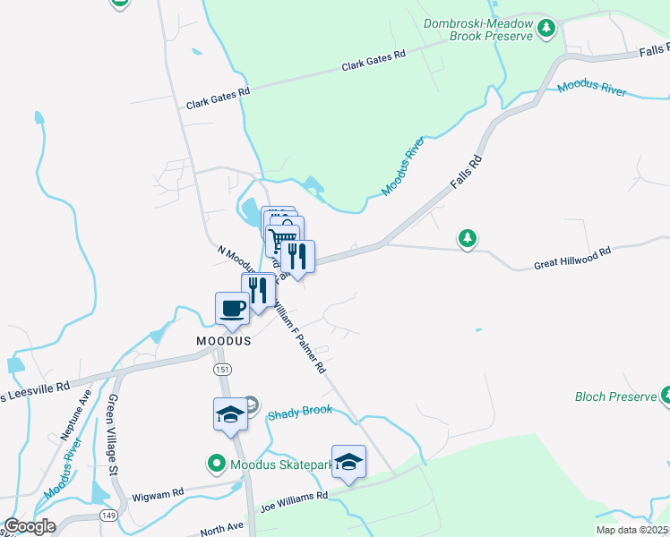 map of restaurants, bars, coffee shops, grocery stores, and more near 40 Falls Road in East Haddam