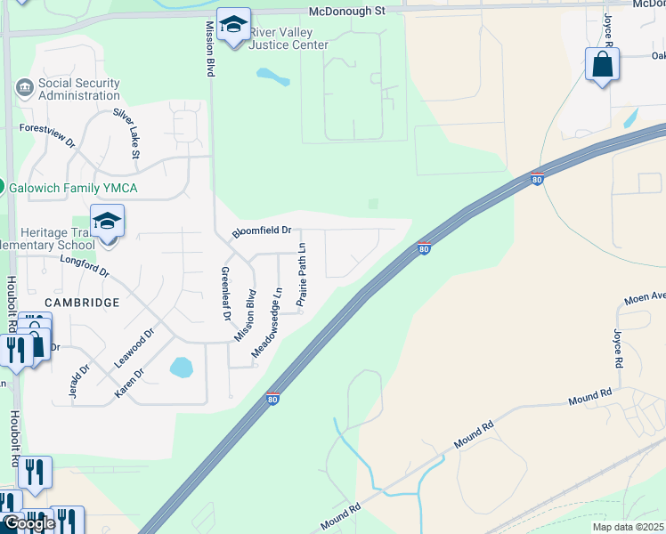 map of restaurants, bars, coffee shops, grocery stores, and more near 902 Thorn Creek Drive in Joliet