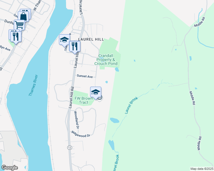 map of restaurants, bars, coffee shops, grocery stores, and more near Crouch Ave in Norwich