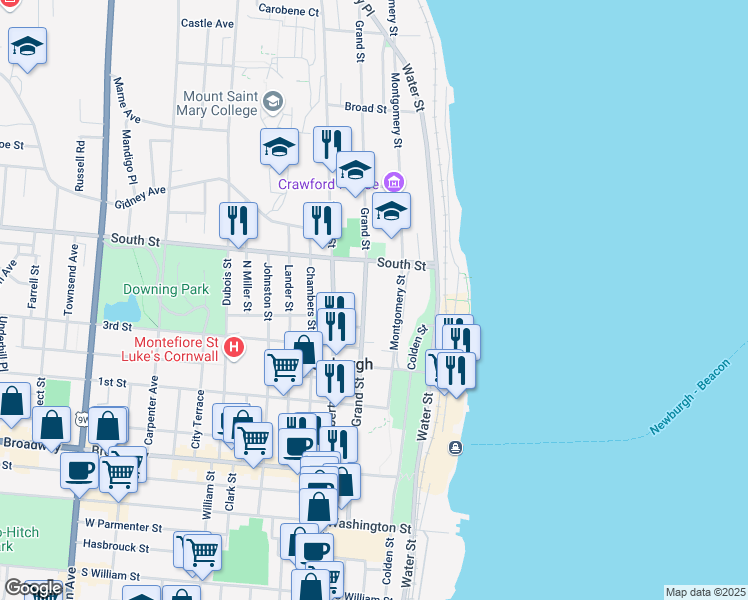map of restaurants, bars, coffee shops, grocery stores, and more near 160A Grand Street in Newburgh