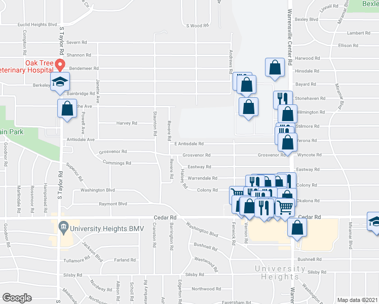 map of restaurants, bars, coffee shops, grocery stores, and more near 3774 Grosvenor Road in South Euclid