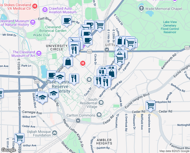 map of restaurants, bars, coffee shops, grocery stores, and more near 2179-2233 Circle Drive in Cleveland