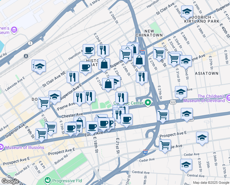 map of restaurants, bars, coffee shops, grocery stores, and more near 2106 Payne Avenue in Cleveland