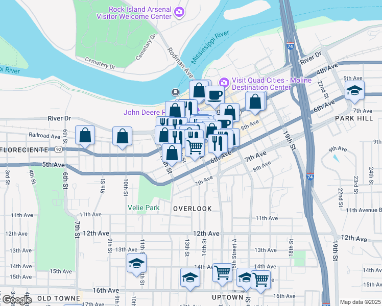 map of restaurants, bars, coffee shops, grocery stores, and more near 519 14th Street in Moline