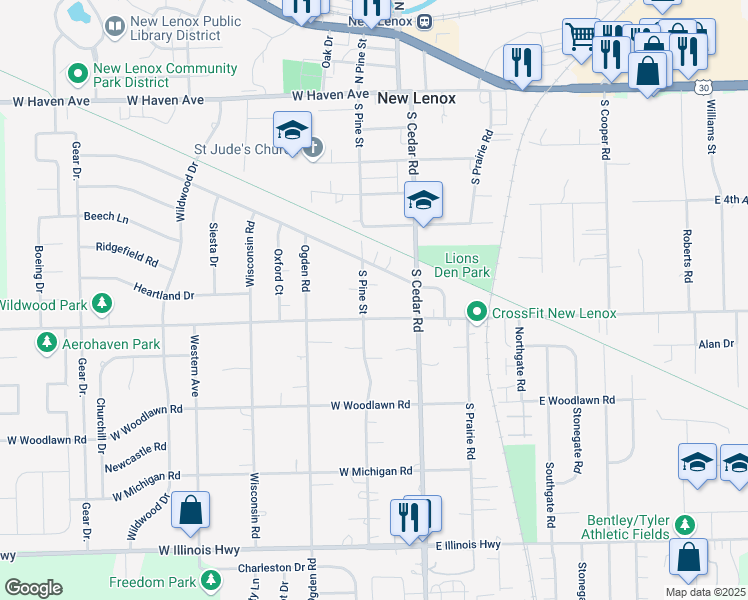 map of restaurants, bars, coffee shops, grocery stores, and more near 622 South Pine Street in New Lenox