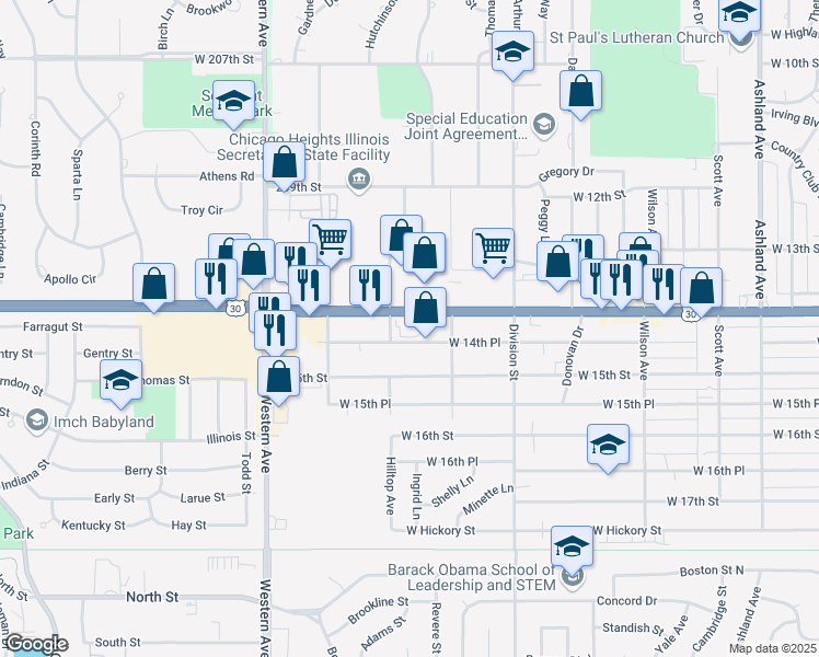 map of restaurants, bars, coffee shops, grocery stores, and more near 610 West 14th Place in Chicago Heights