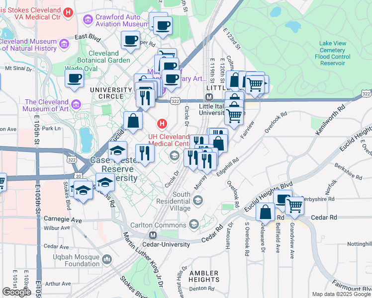 map of restaurants, bars, coffee shops, grocery stores, and more near 2124 Cornell Road in Cleveland