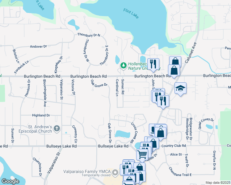 map of restaurants, bars, coffee shops, grocery stores, and more near 4005 Cardinal Lane in Valparaiso