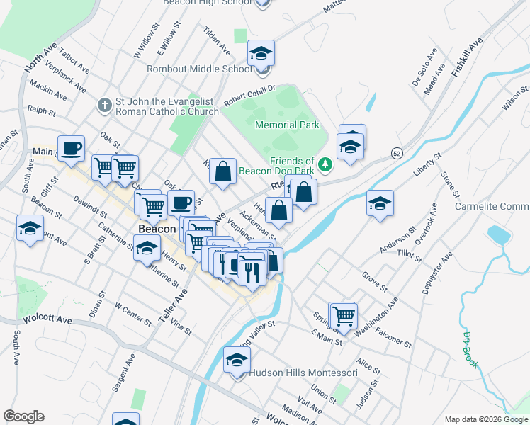 map of restaurants, bars, coffee shops, grocery stores, and more near 16 Herbert Street in Beacon