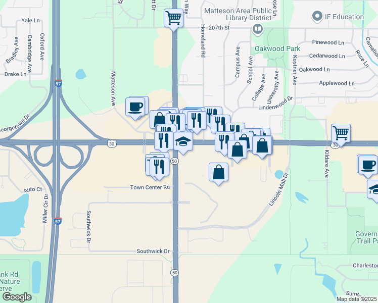 map of restaurants, bars, coffee shops, grocery stores, and more near 4749 Lincoln Mall Drive in Matteson