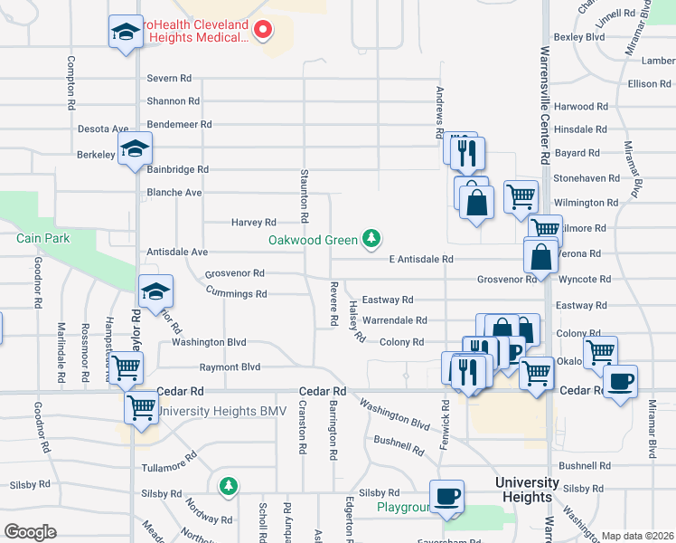 map of restaurants, bars, coffee shops, grocery stores, and more near 3724 Grosvenor Road in Cleveland Heights