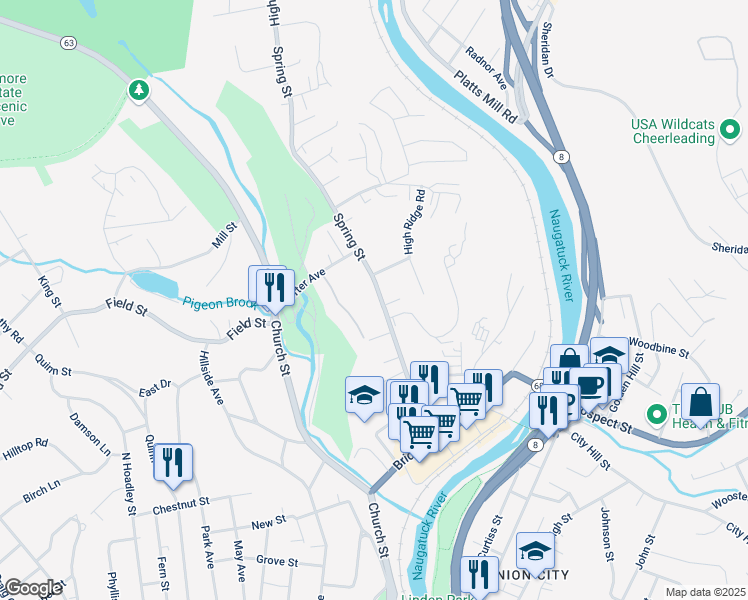 map of restaurants, bars, coffee shops, grocery stores, and more near 240 Spring Street in Naugatuck