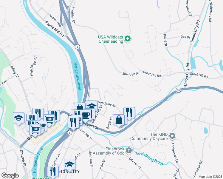 map of restaurants, bars, coffee shops, grocery stores, and more near 27 Neagle Street in Naugatuck