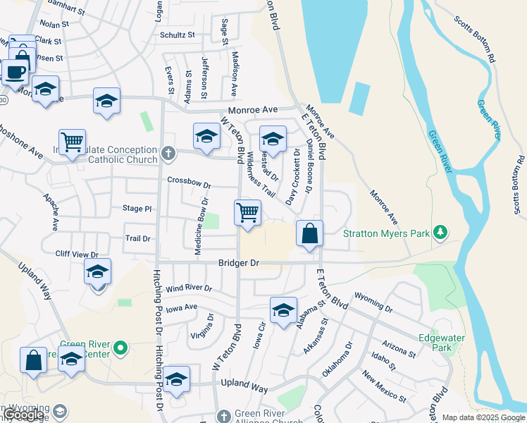 map of restaurants, bars, coffee shops, grocery stores, and more near 2255 Cumorah Way in Green River