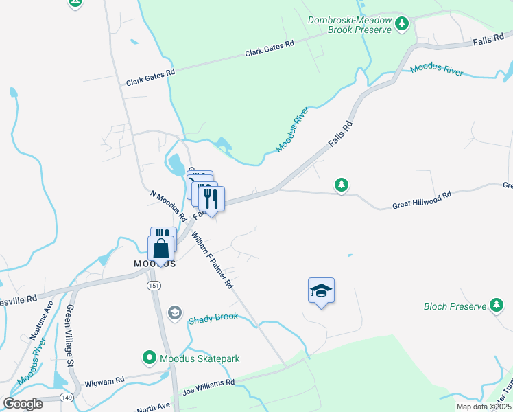 map of restaurants, bars, coffee shops, grocery stores, and more near 44 Falls Road in East Haddam